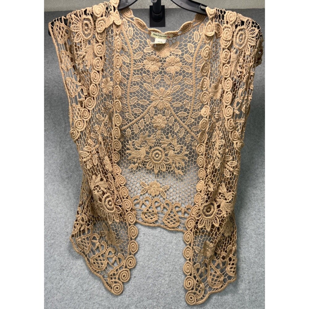 Floral Crochet Open Cardigan 1X Beige Renaissance Boho Chic Cottage Festival Top